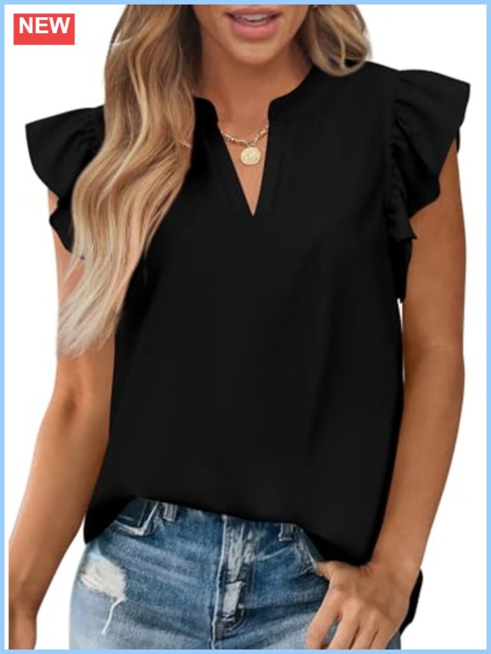 Women's V Neck Ruffle Cap Sleeve Blouse Tunic Top Summer Casual Loose Fit Top